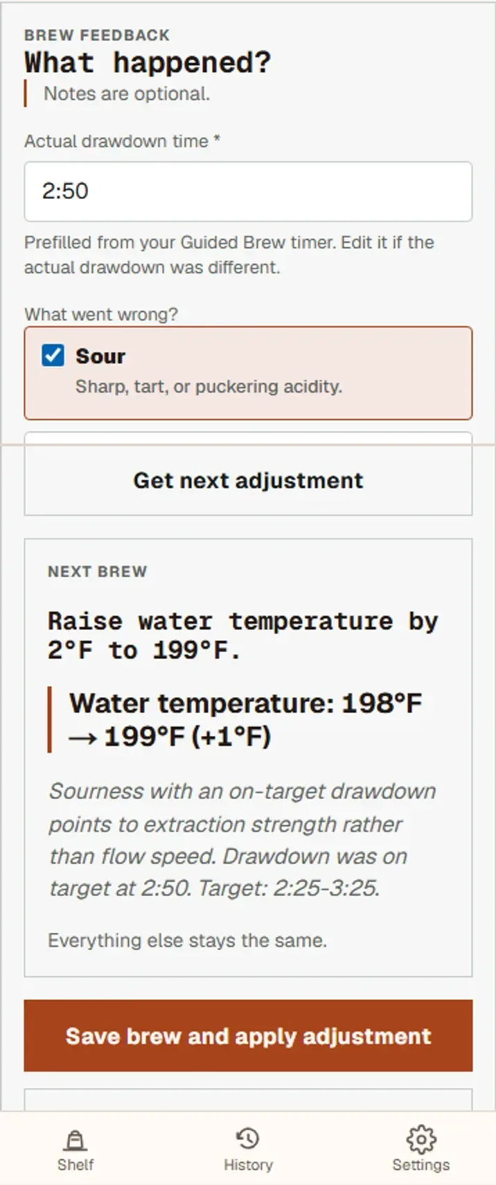 Feedback screen where a taster records a tasting note and receives one suggested adjustment for the next brew