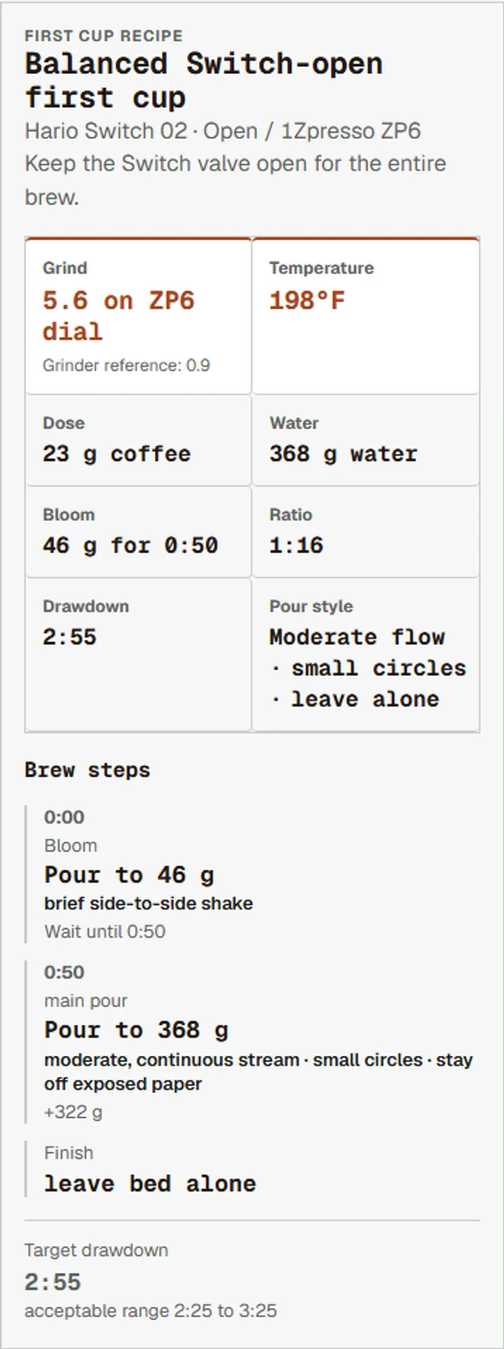 Recipe screen showing grind setting, water temperature, bloom amount, and pour steps for a sample coffee