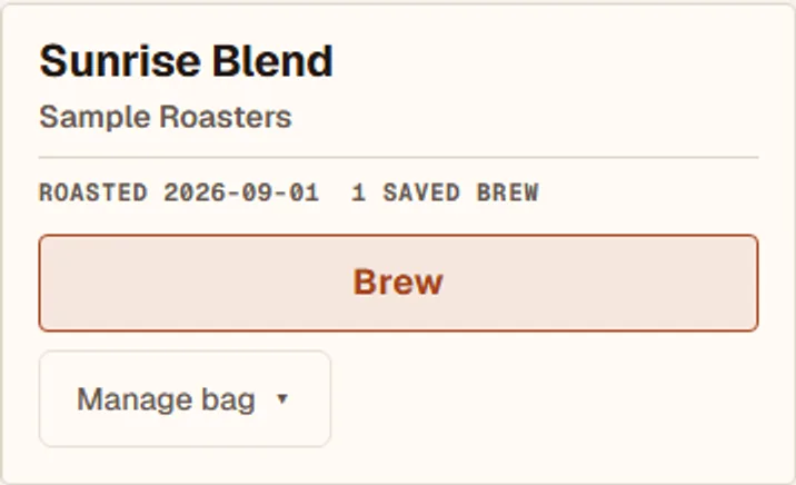 Shelf screen showing one sample coffee bag, Sunrise Blend, with roast date and grind settings